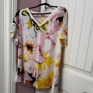 LuLaRoe Floral Short Sleeve V-Neck Top - Pink, Yellow, Black